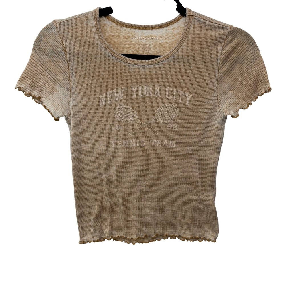 American Eagle Tan Acid Wash Burnout Baby T NYC Graphic Thermal Tee Preppy‎ M
